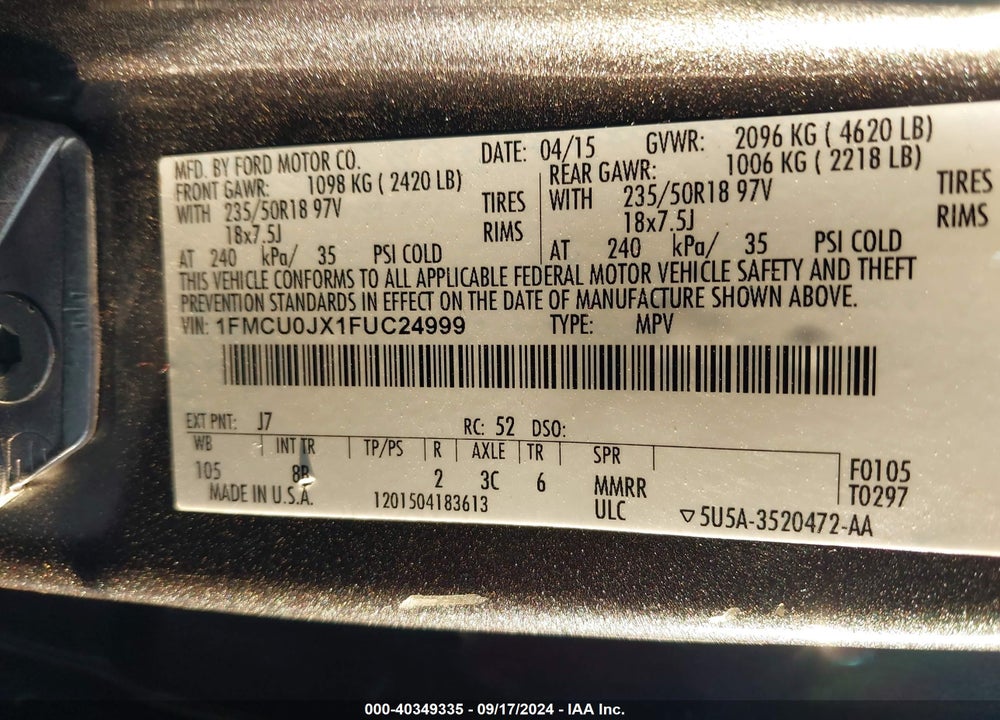 2015 FORD ESCAPE TITANIUM VIN: 1FMCU0JX1FUC24999