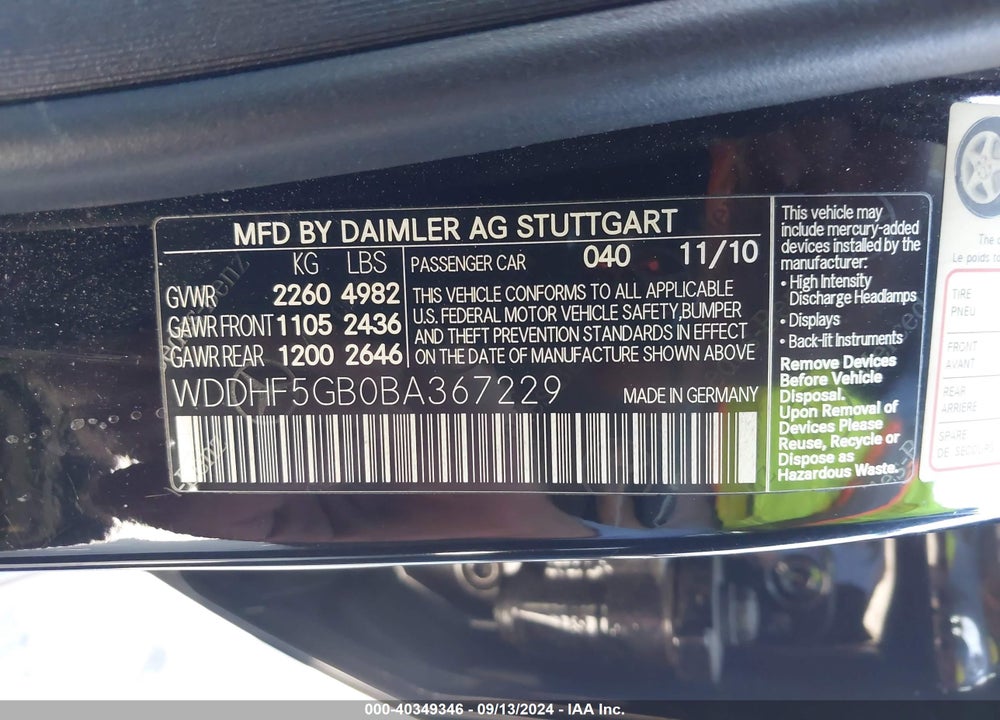 2011 MERCEDES-BENZ E 350 VIN: WDDHF5GB0BA367229