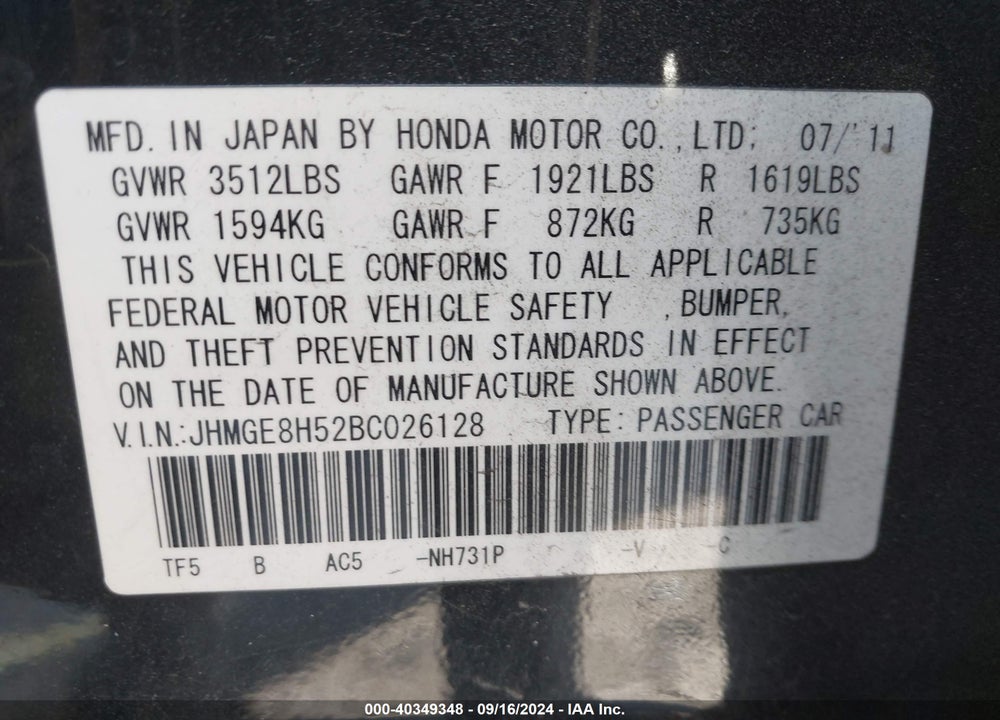 2011 HONDA FIT SPORT VIN: JHMGE8H52BC026128