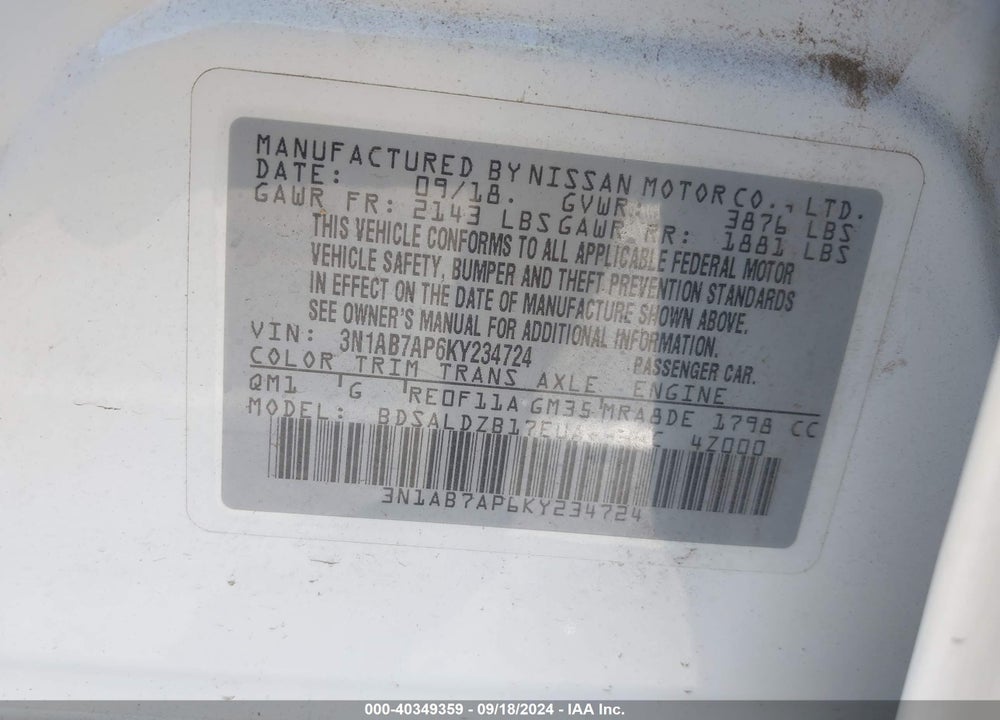 2019 NISSAN SENTRA SV VIN: 3N1AB7AP6KY234724