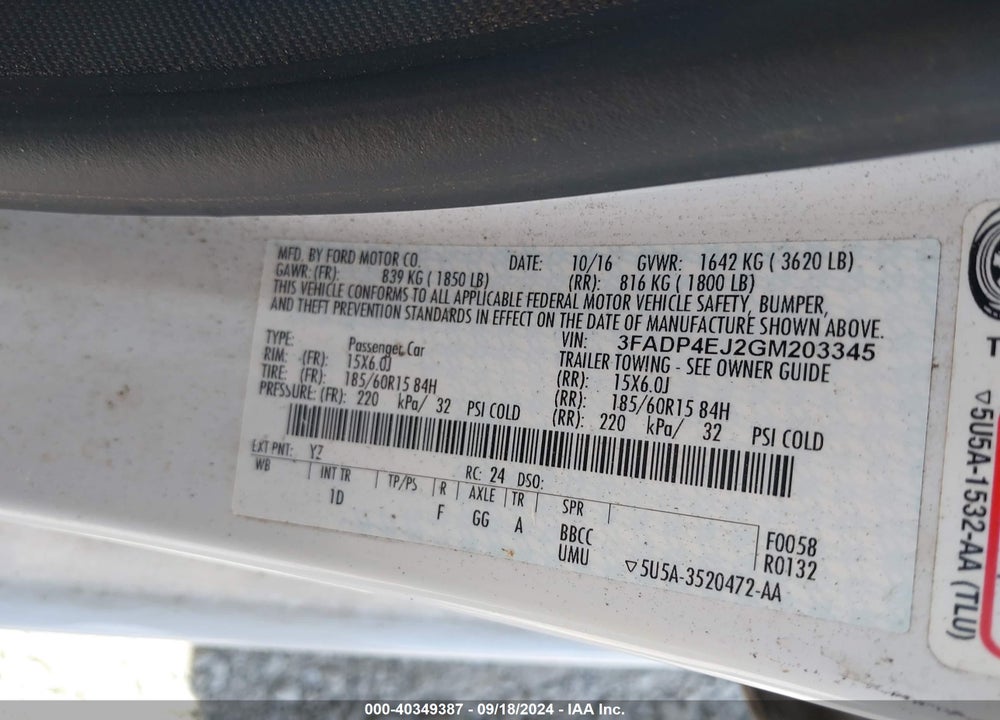 2016 FORD FIESTA SE VIN: 3FADP4EJ2GM203345