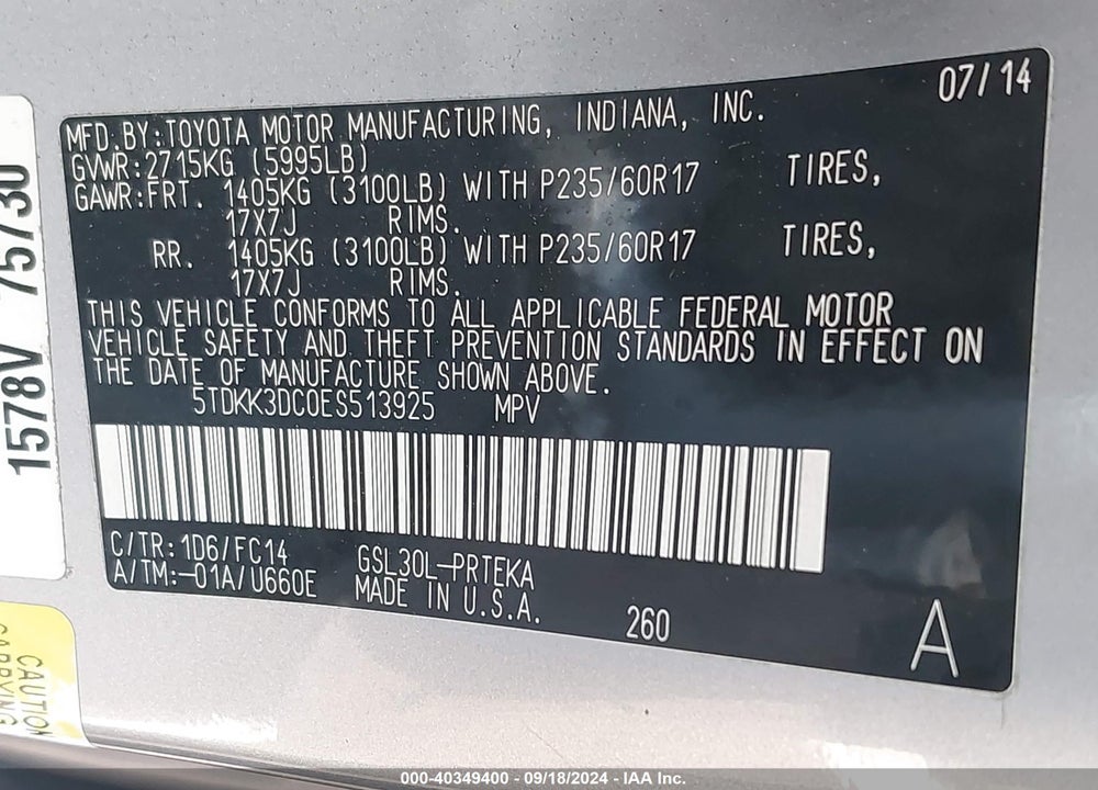 2014 TOYOTA SIENNA LE V6 8 PASSENGER VIN: 5TDKK3DC0ES513925