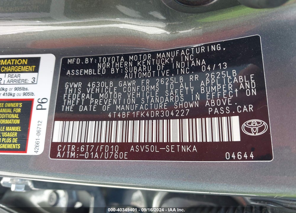 2013 TOYOTA CAMRY LE VIN: 4T4BF1FK4DR304227