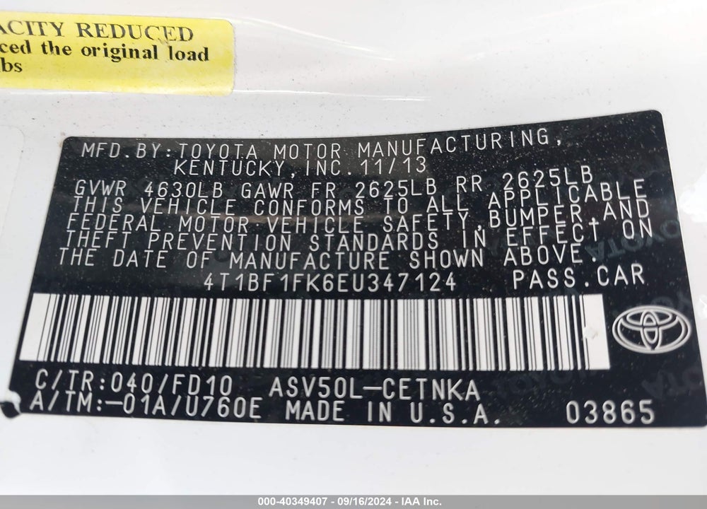 2014 TOYOTA CAMRY LE VIN: 4T1BF1FK6EU347124
