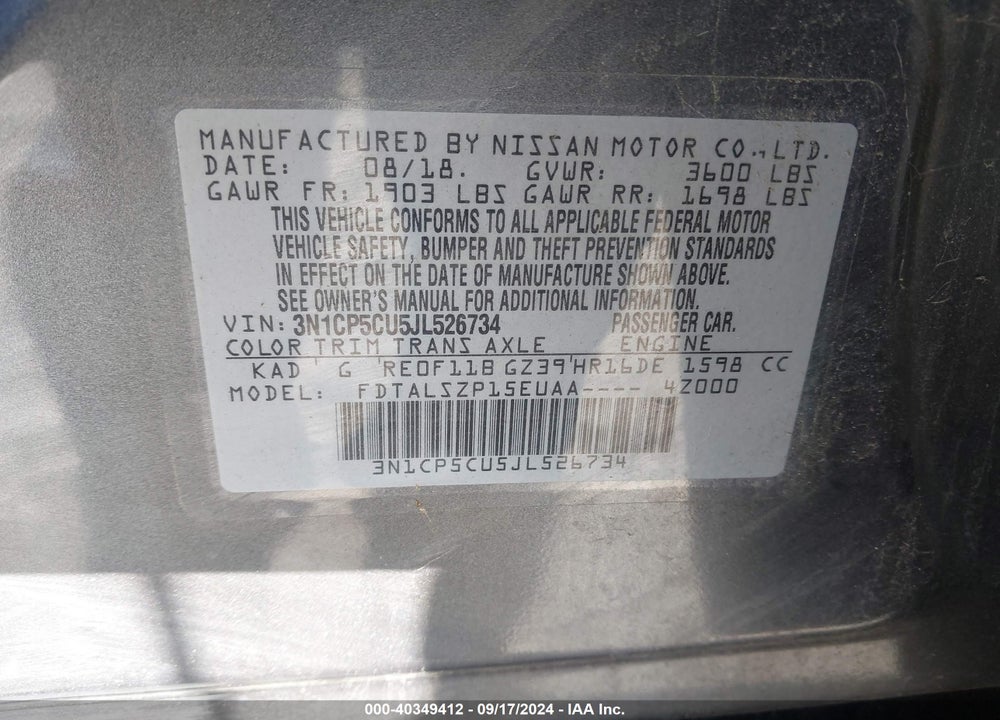 2018 NISSAN KICKS SV VIN: 3N1CP5CU5JL526734