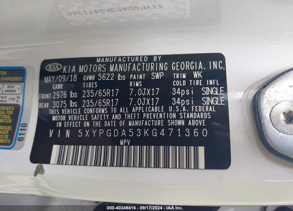 2019 KIA SORENTO 3.3L LX VIN: 5XYPGDA53KG471360