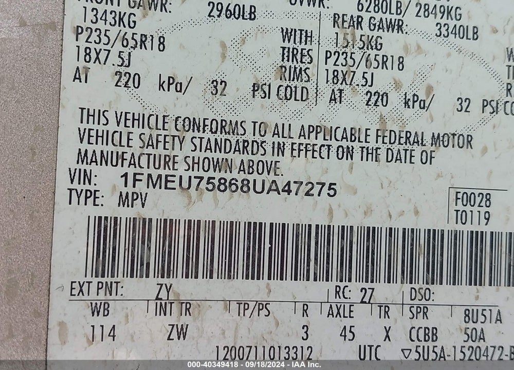 2008 FORD EXPLORER LIMITED VIN: 1FMEU75868UA47275
