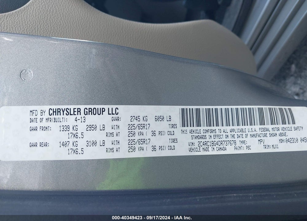 2013 CHRYSLER TOWN & COUNTRY TOURING VIN: 2C4RC1BG4DR737678