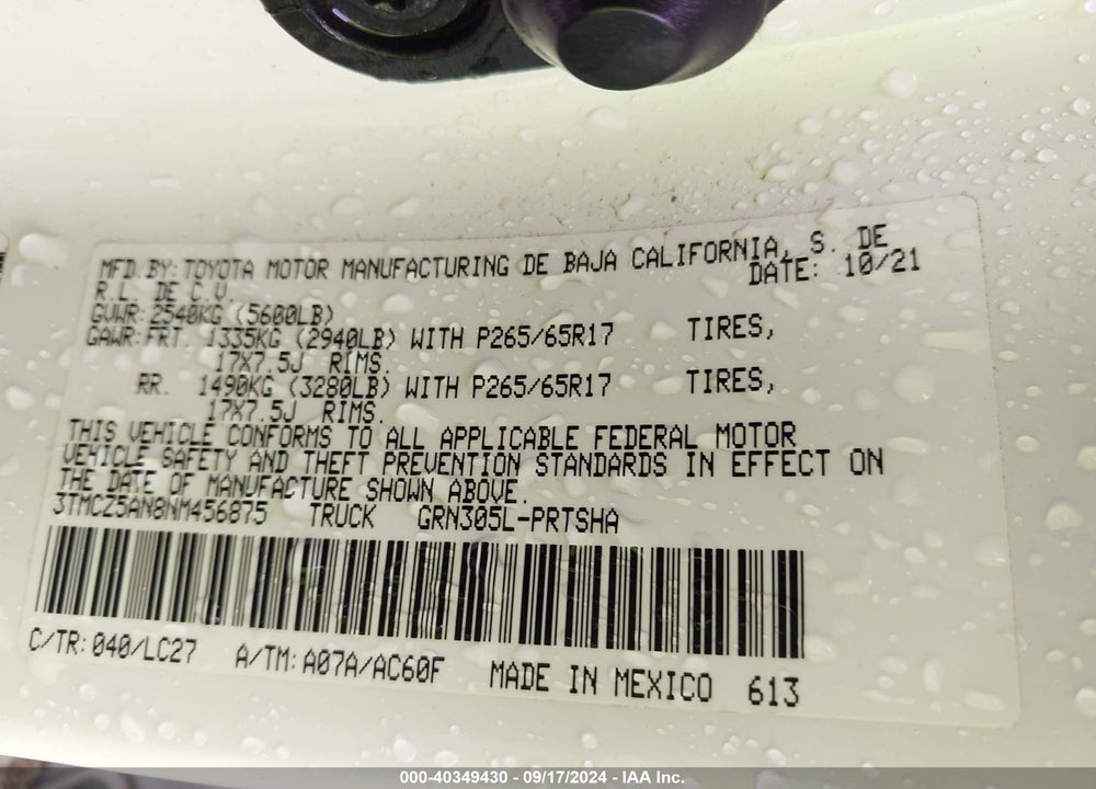 2022 TOYOTA TACOMA TRD SPORT VIN: 3TMCZ5AN8NM456875