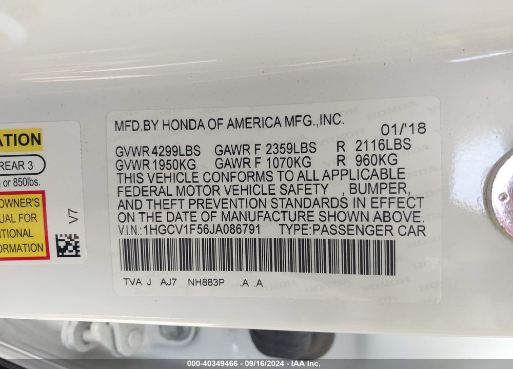 2018 HONDA ACCORD EX-L VIN: 1HGCV1F56JA086791