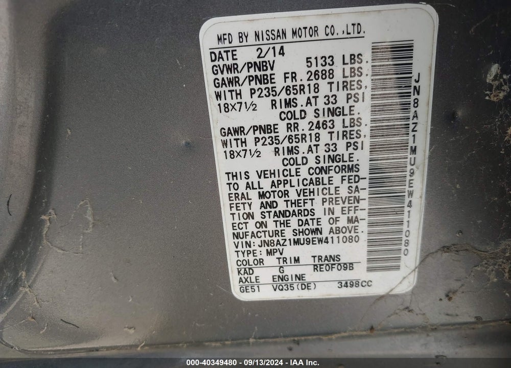 2014 NISSAN MURANO LE/S/SL/SV VIN: JN8AZ1MU9EW411080