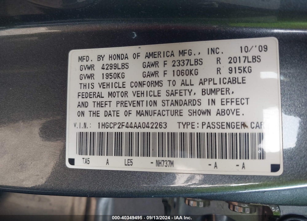 2010 HONDA ACCORD 2.4 LX-P VIN: 1HGCP2F44AA042263