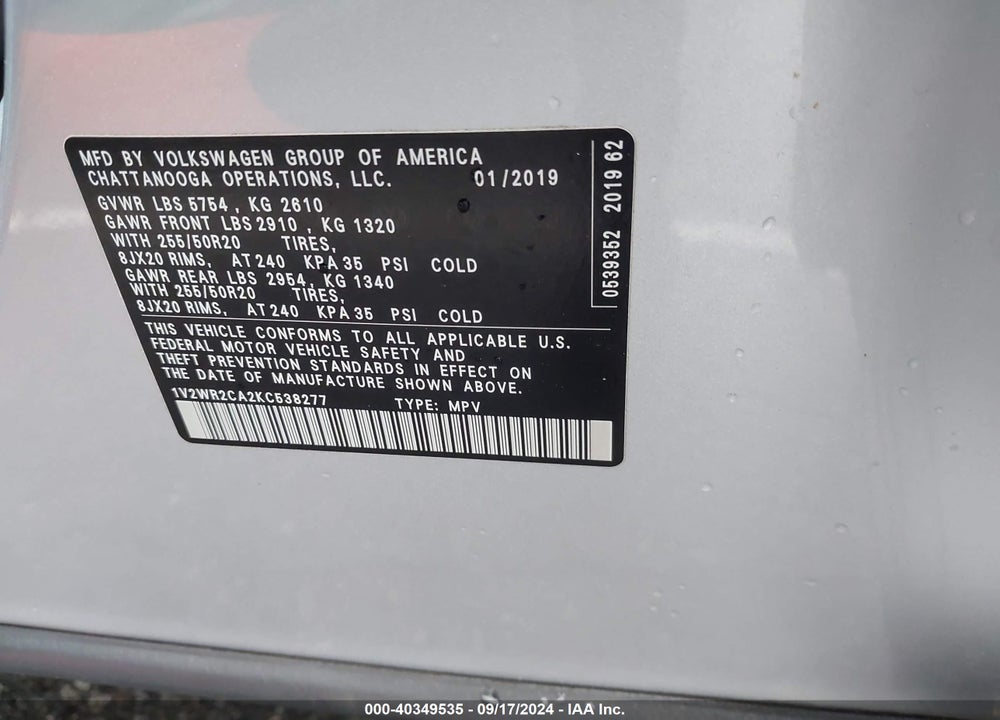 2019 VOLKSWAGEN ATLAS 3.6L V6 SE W/TECHNOLOGY VIN: 1V2WR2CA2KC538277
