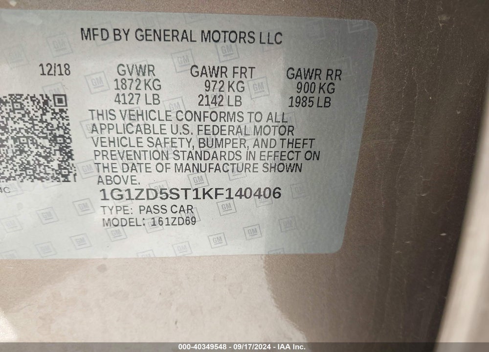2019 CHEVROLET MALIBU LT VIN: 1G1ZD5ST1KF140406