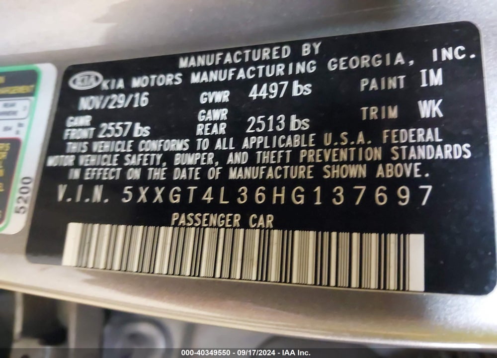 2017 KIA OPTIMA LX VIN: 5XXGT4L36HG137697