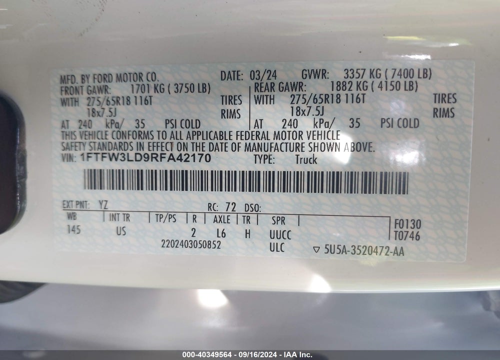 2024 FORD F-150 XLT VIN: 1FTFW3LD9RFA42170