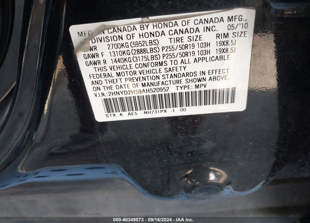 2010 ACURA MDX ADVANCE PACKAGE VIN: 2HNYD2H59AH520952