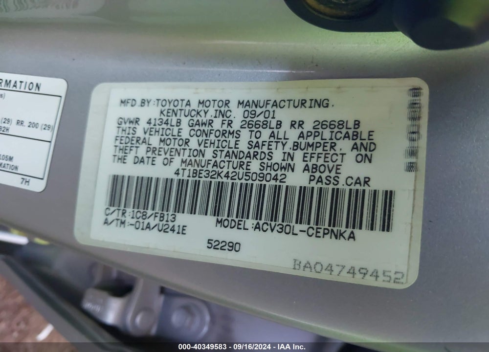 2002 TOYOTA CAMRY LE VIN: 4T1BE32K42U509042