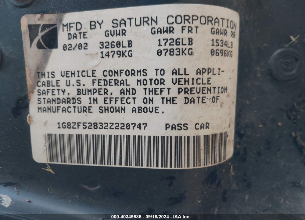 2002 SATURN S-SERIES SL VIN: 1G8ZF52832Z220747
