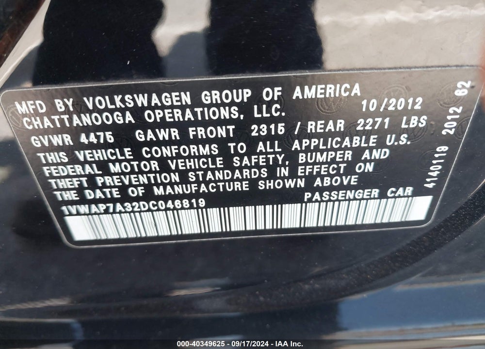 2013 VOLKSWAGEN PASSAT 2.5L S VIN: 1VWAP7A32DC046819