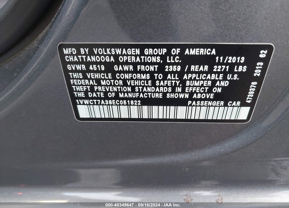 2014 VOLKSWAGEN PASSAT 1.8T SEL PREMIUM VIN: 1VWCT7A38EC051822