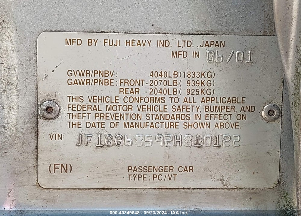 2002 SUBARU IMPREZA OUTBACK SPORT VIN: JF1GG68592H810122