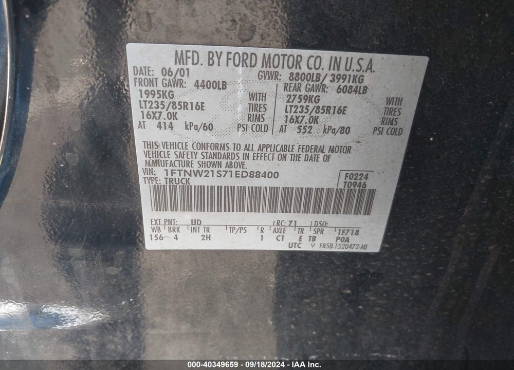 2001 FORD F-250 LARIAT/XL/XLT VIN: 1FTNW21S71ED88400
