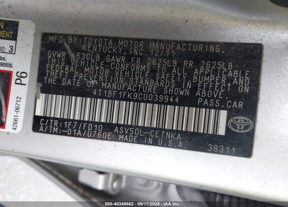 2012 TOYOTA CAMRY LE VIN: 4T1BF1FK9CU039944