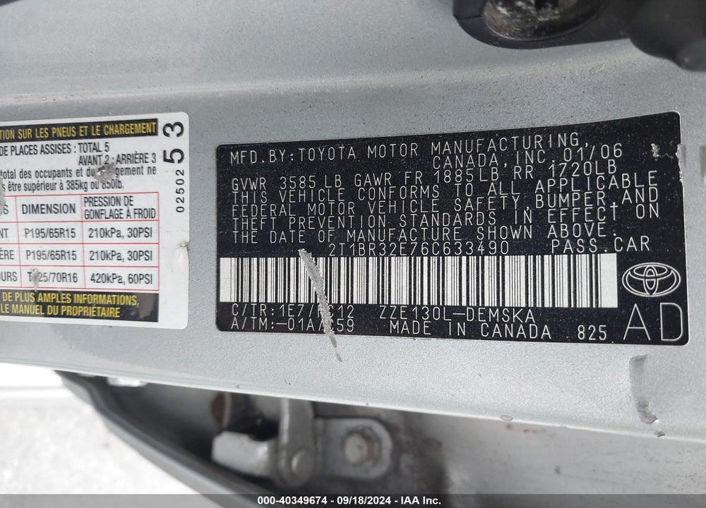 2006 TOYOTA COROLLA S VIN: 2T1BR32E76C633490