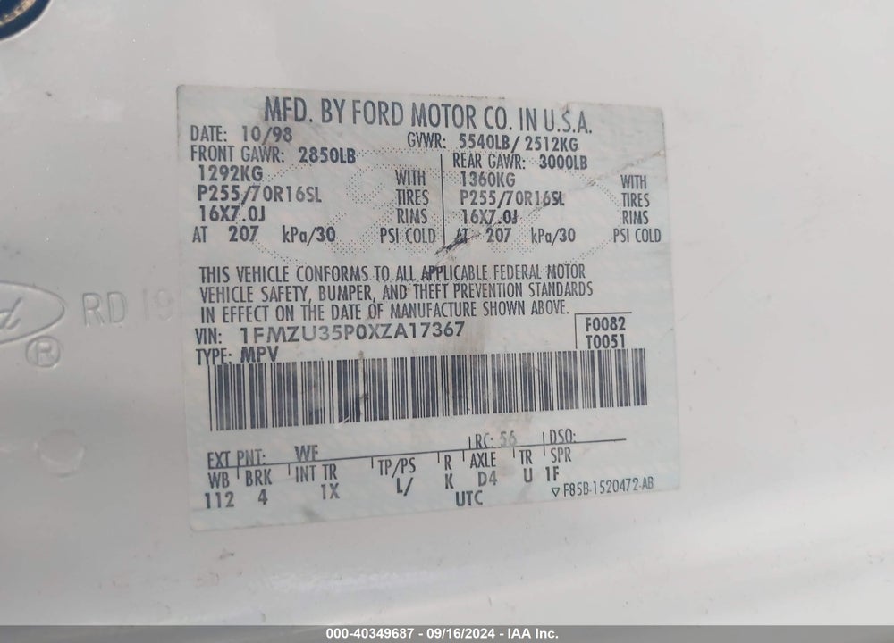 1999 FORD EXPLORER VIN: 1FMZU35P0XZA17367