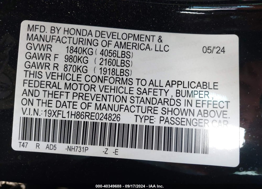 2024 HONDA CIVIC SPORT TOURING VIN: 19XFL1H86RE024826