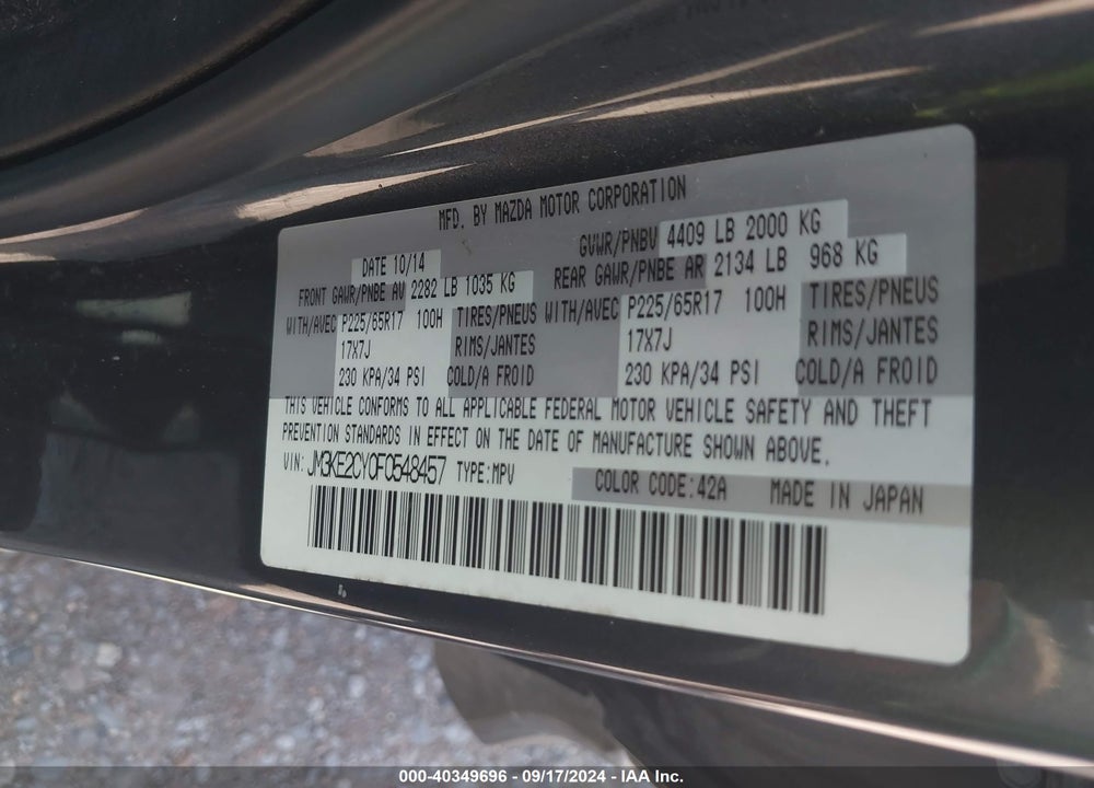 2015 MAZDA CX-5 TOURING VIN: JM3KE2CY0F0548457