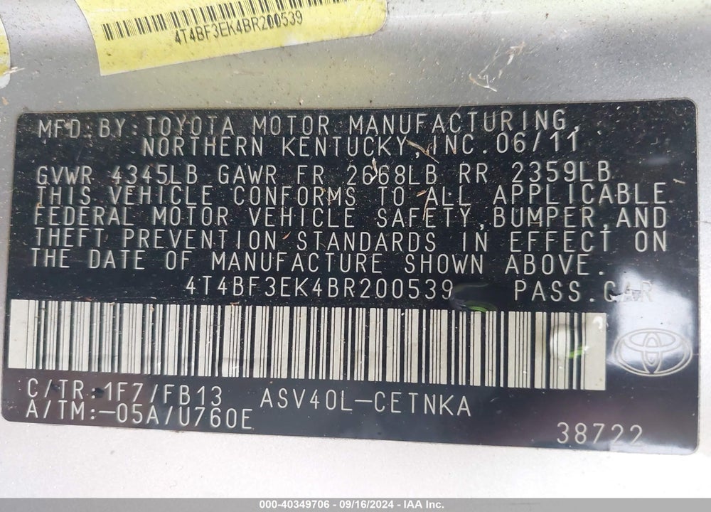 2011 TOYOTA CAMRY VIN: 4T4BF3EK4BR200539