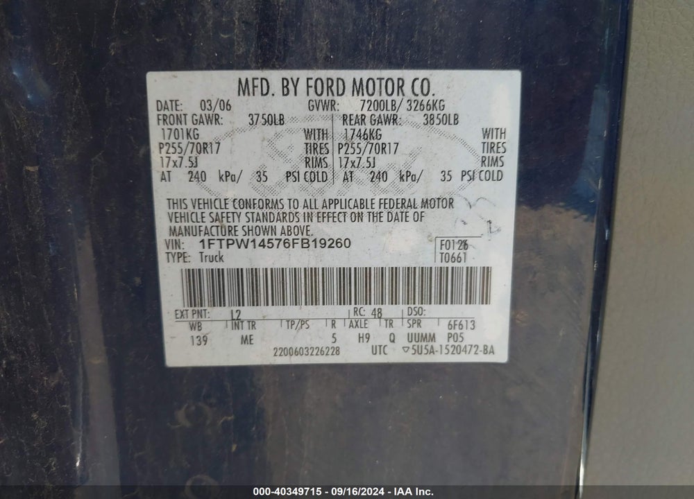 2006 FORD F-150 FX4/LARIAT/XLT VIN: 1FTPW14576FB19260