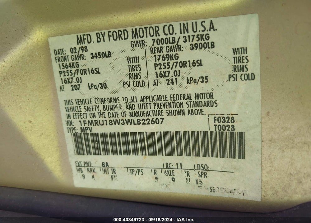 1998 FORD EXPEDITION EDDIE BAUER/XLT VIN: 1FMRU18W3WLB22607