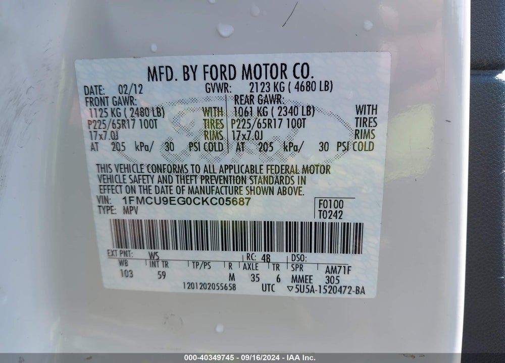 2012 FORD ESCAPE LIMITED VIN: 1FMCU9EG0CKC05687