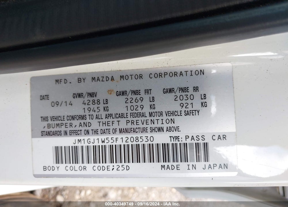 2015 MAZDA 6 I GRAND TOURING VIN: JM1GJ1W55F1208530