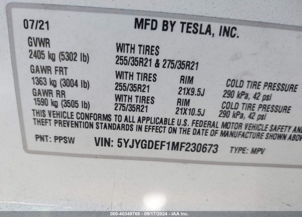 2021 TESLA MODEL Y PERFORMANCE DUAL MOTOR ALL-WHEEL DRIVE VIN: 5YJYGDEF1MF230673