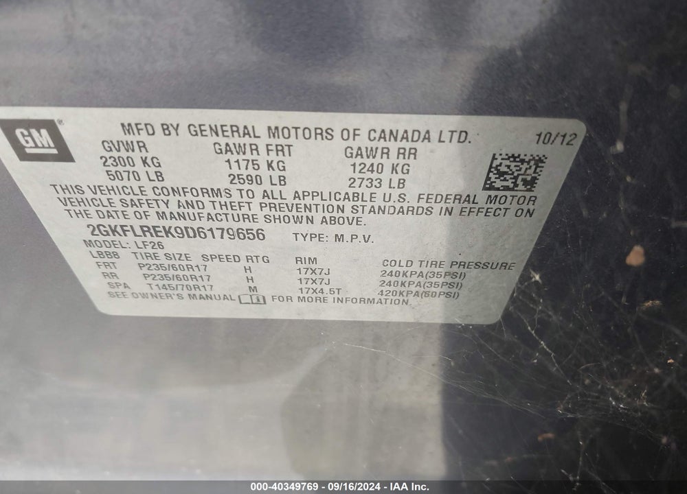 2013 GMC TERRAIN SLE-1 VIN: 2GKFLREK9D6179656