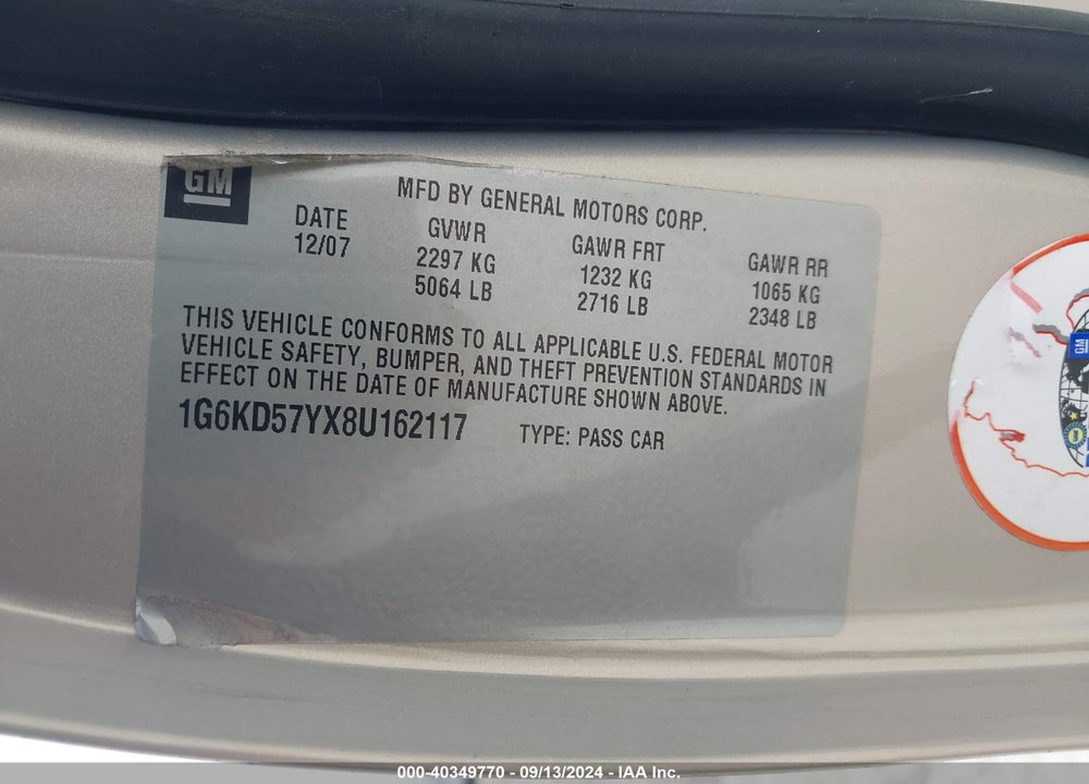 2008 CADILLAC DTS 1SC VIN: 1G6KD57YX8U162117