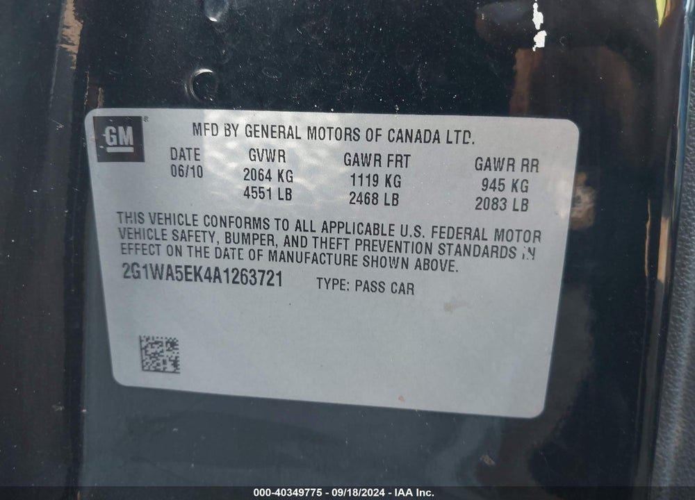 2010 CHEVROLET IMPALA LS VIN: 2G1WA5EK4A1263721
