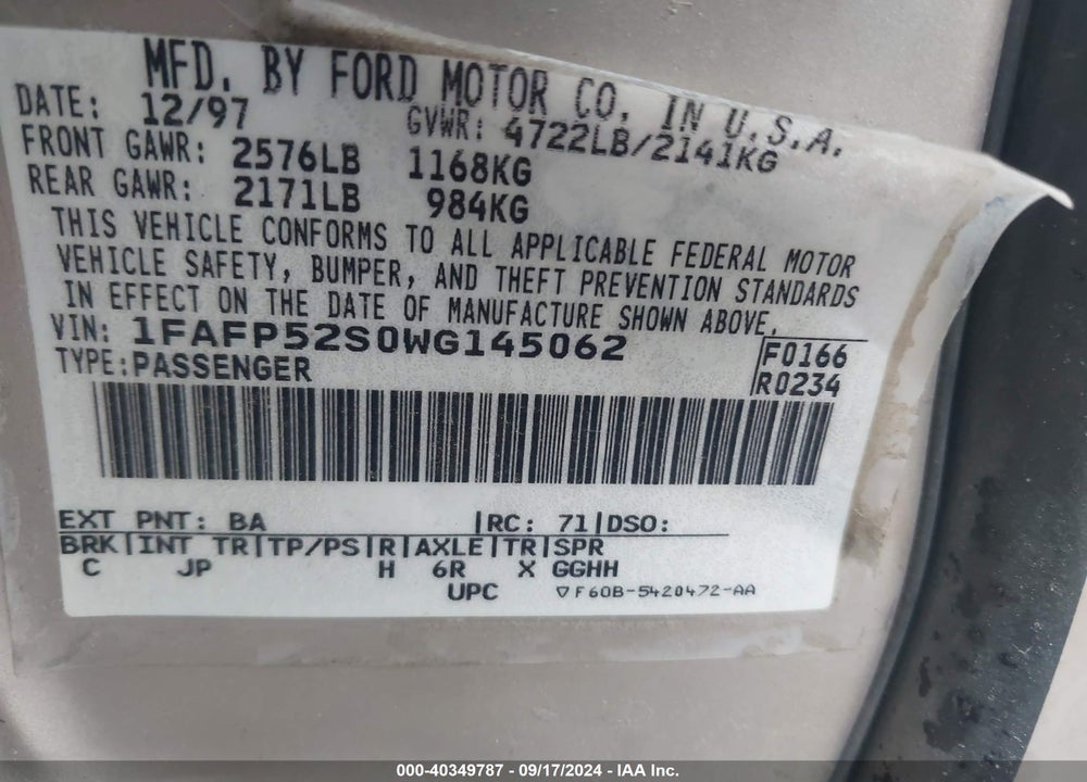 1998 FORD TAURUS LX/SE VIN: 1FAFP52S0WG145062