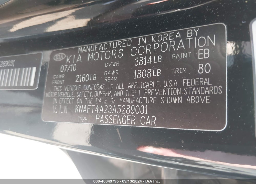 2010 KIA FORTE LX VIN: KNAFT4A23A5289031