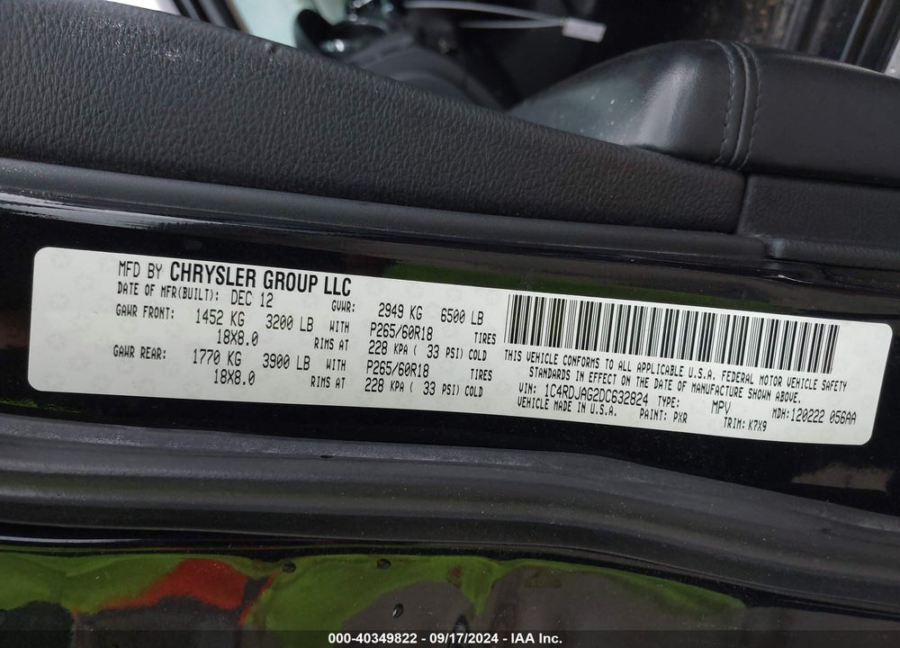 2013 DODGE DURANGO SXT VIN: 1C4RDJAG2DC632824