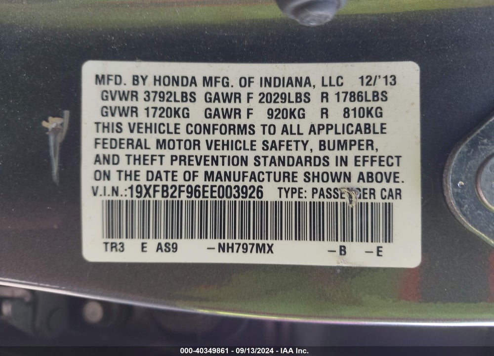 2014 HONDA CIVIC EX-L VIN: 19XFB2F96EE003926