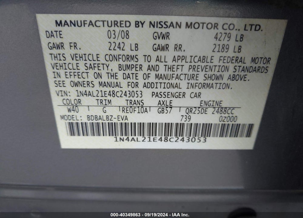 2008 NISSAN ALTIMA 2.5 S VIN: 1N4AL21E48C243053