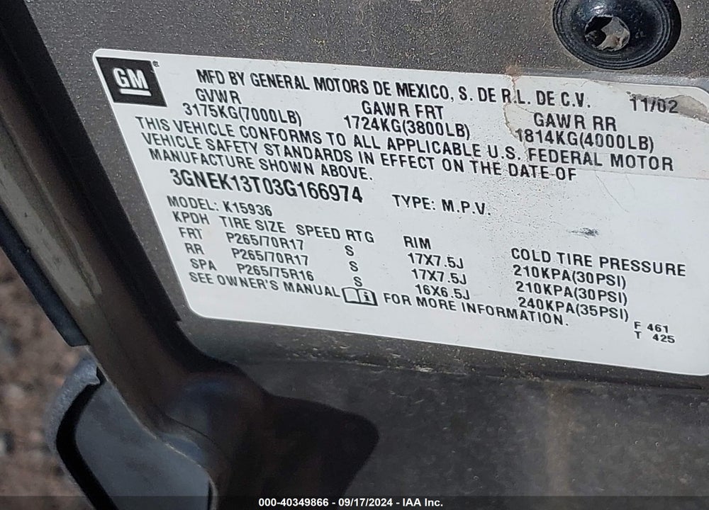 2003 CHEVROLET AVALANCHE 1500 VIN: 3GNEK13T03G166974