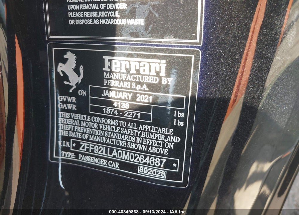 2021 FERRARI F8 TRIBUTO VIN: ZFF92LLA0M0264687