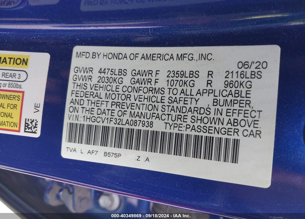 2020 HONDA ACCORD SPORT VIN: 1HGCV1F32LA087938