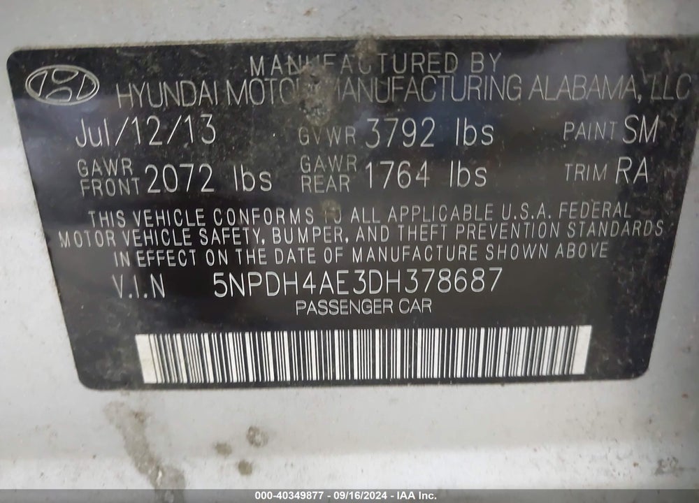 2013 HYUNDAI ELANTRA GLS VIN: 5NPDH4AE3DH378687